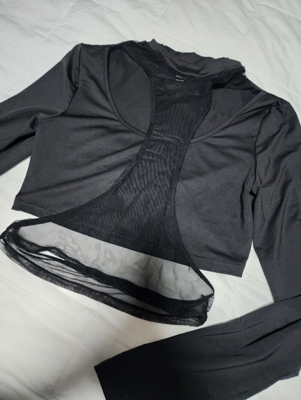 Black Mesh-Insert Long Sleeve Crop Top